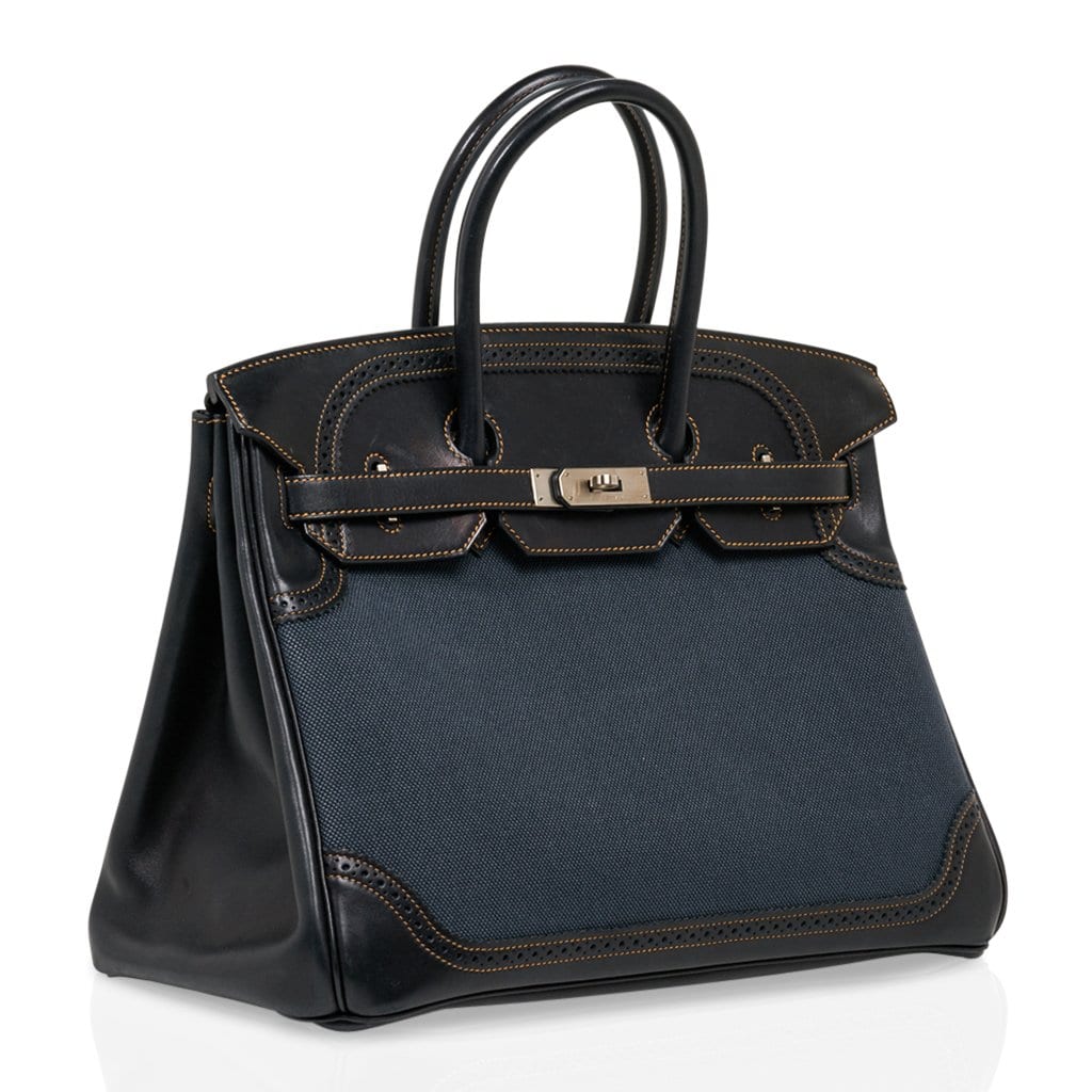 👜Birkin 35 Ghillies Denim Fonce Toile / Black Evercalf Bag Limited Edition