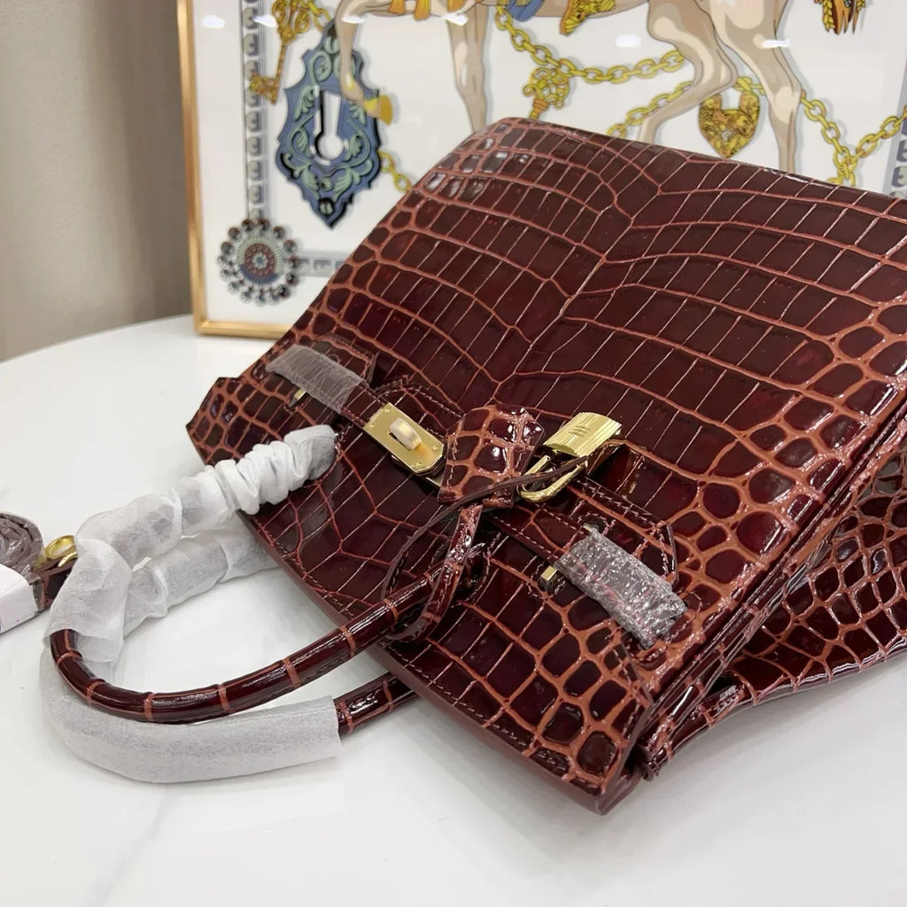 👜Birkin Bordeaux Shiny Porosus Crocodile Gold Hardware