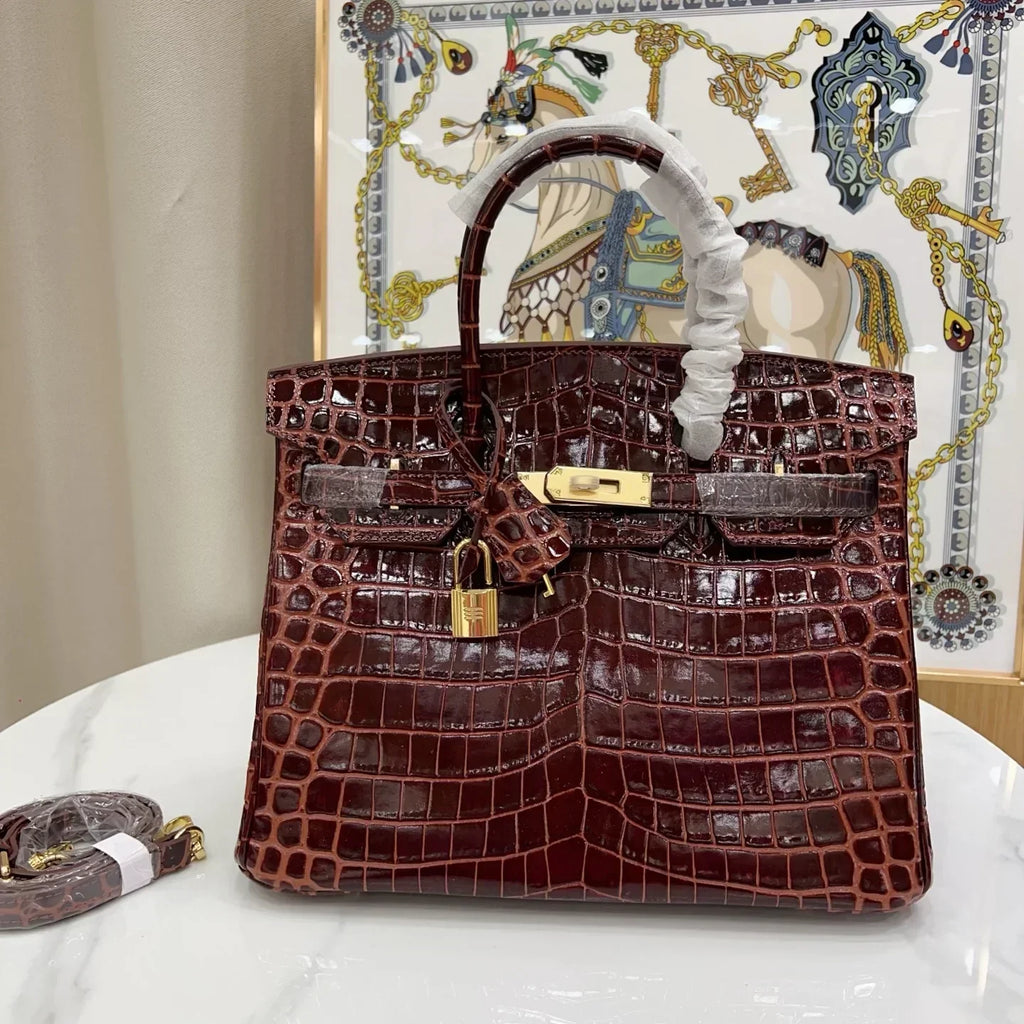 👜Birkin Bordeaux Shiny Porosus Crocodile Gold Hardware