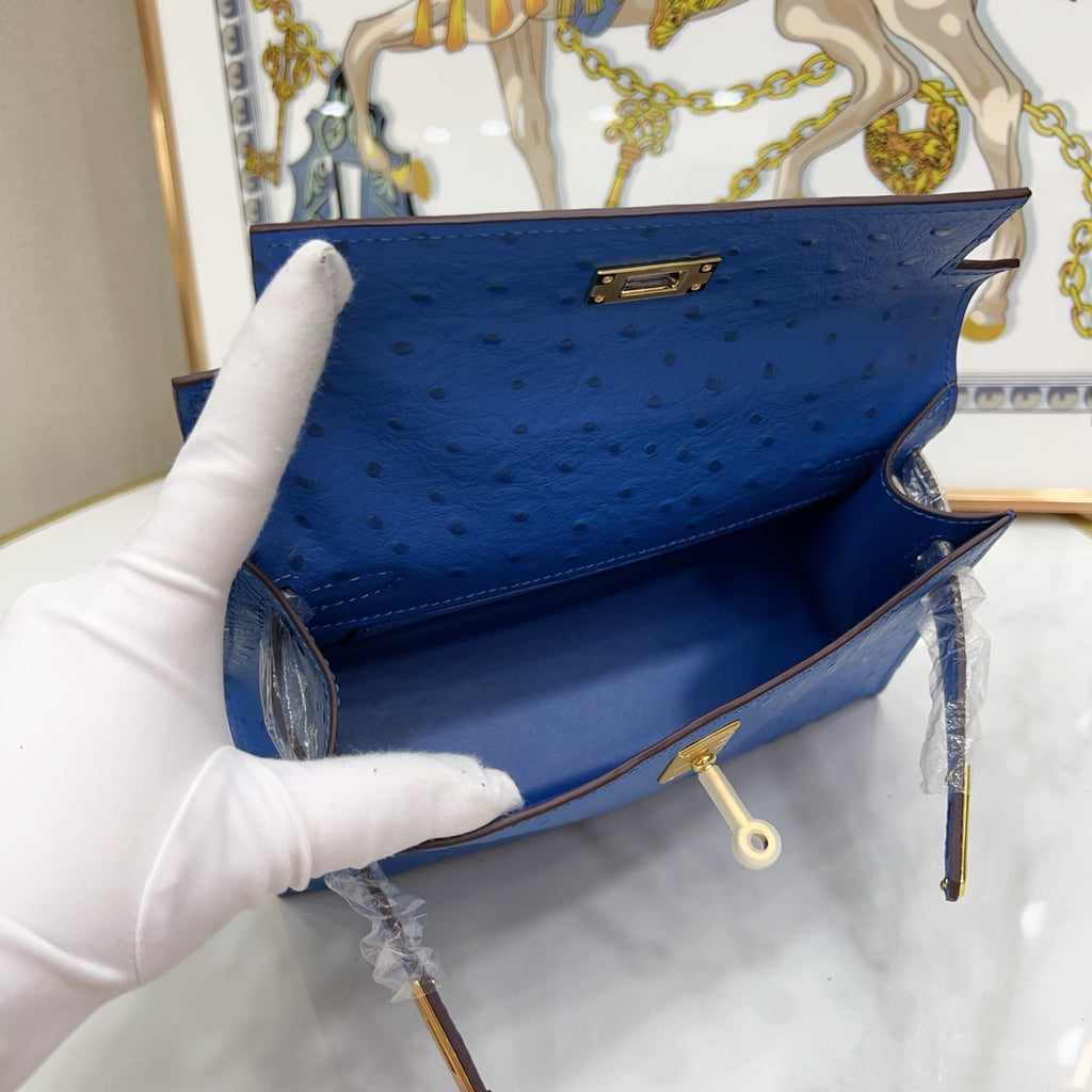Mini Kelly Sellier 22cm Bleu Electrique Ostrich Leather Gold Hardware Women Mini Handbag