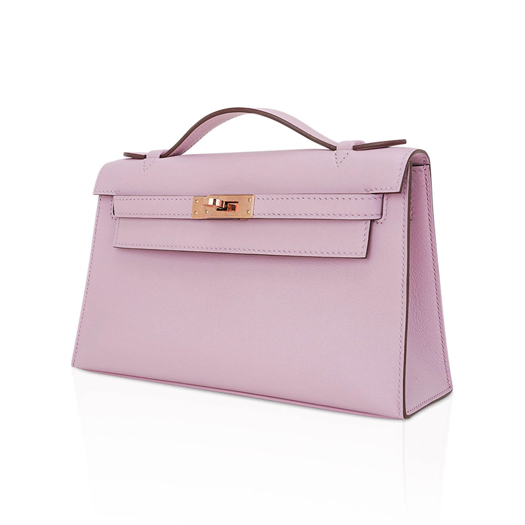 👜Kelly Pochette Clutch Bag Mauve Sylvestre Swift Leather with Rose Gold Hardware