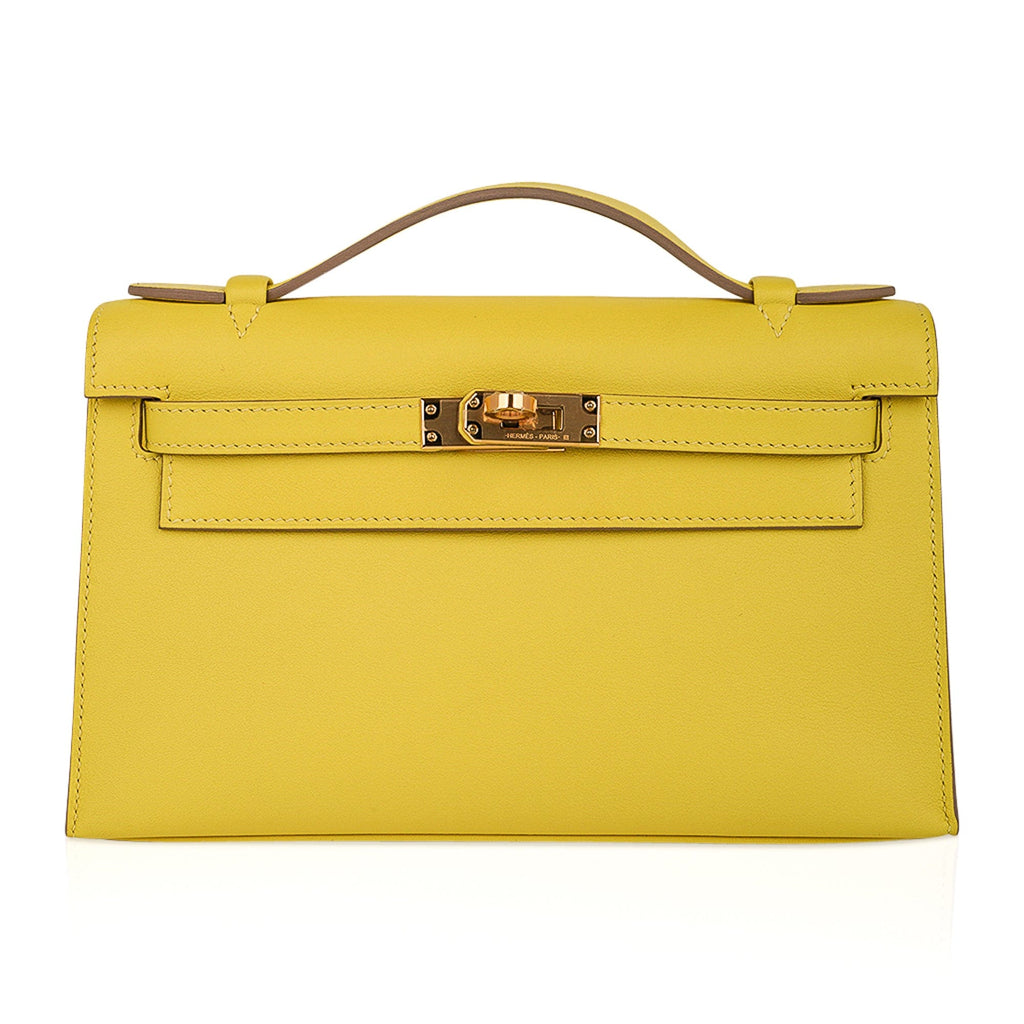 👜Kelly Pochette Bag Lime Clutch Gold Hardware Swift Leather