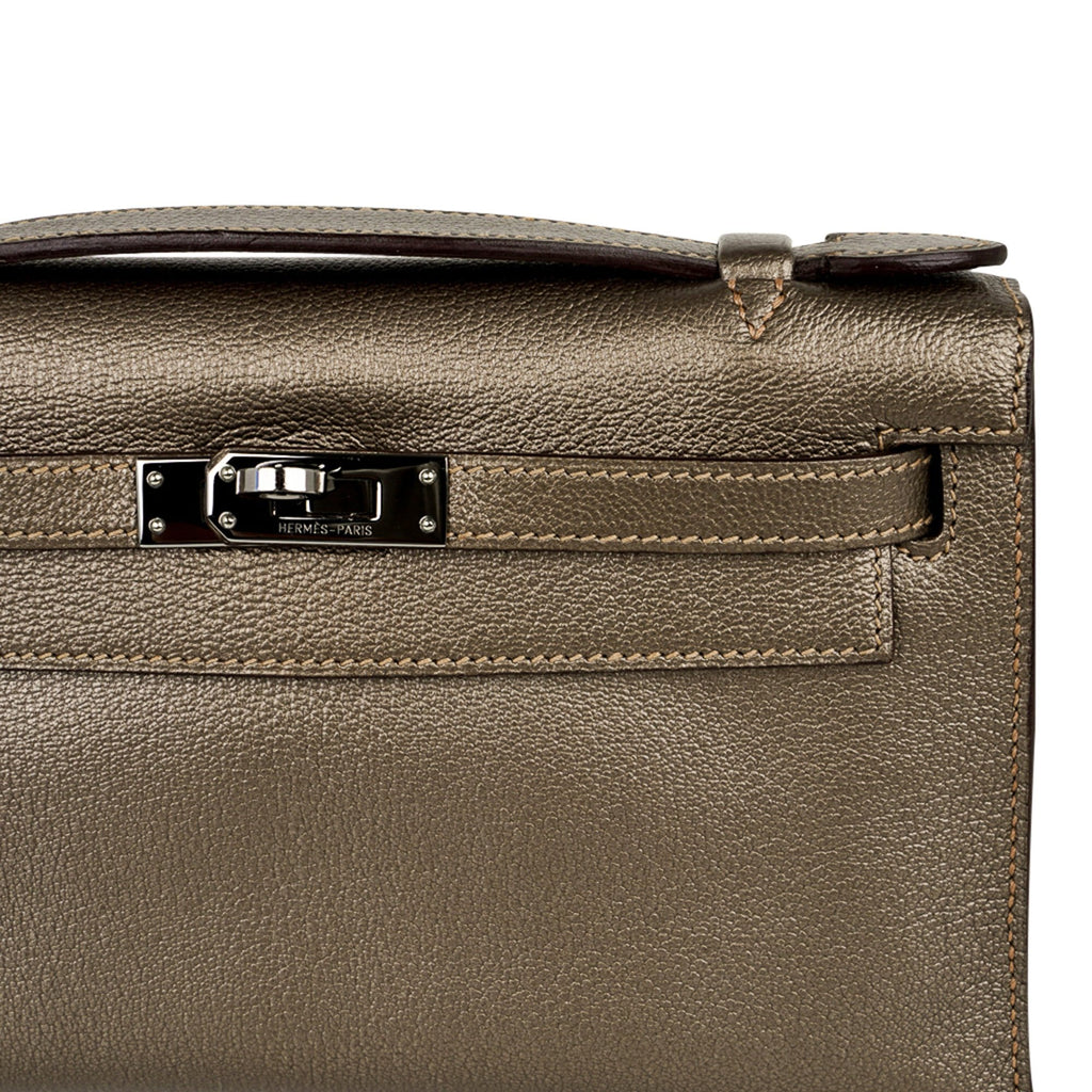 👜Kelly Pochette Metallic Bronze Clutch Bag Chevre Palladium