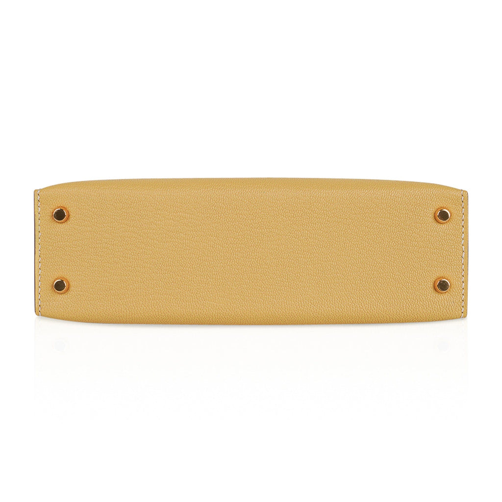 👜Mini Kelly 20 Sellier Jaune Foin Bag Chevre Gold