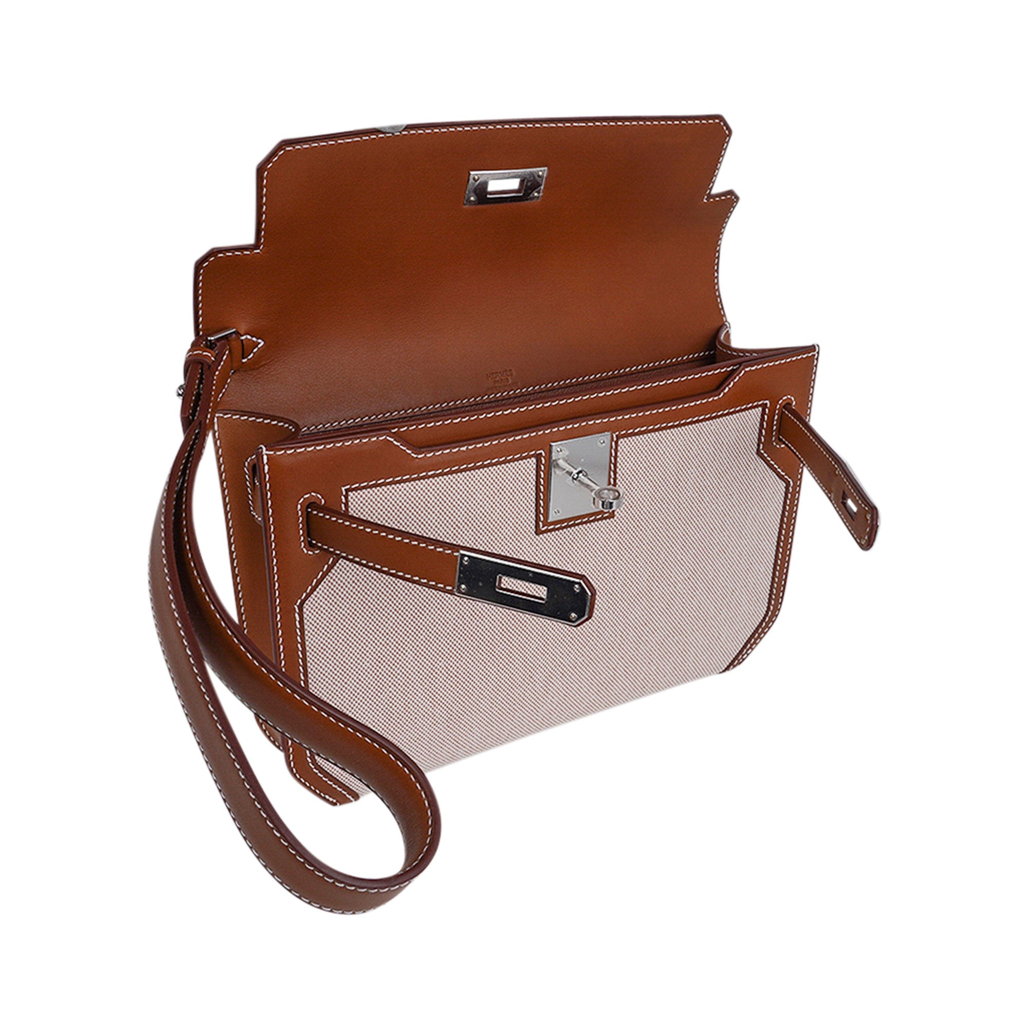 👜Kelly Depeches 25 Pouch Toile & Fauve Barenia Trim with Palladium Hardware
