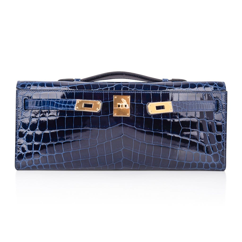👜Kelly Cut Blue Sapphire Crocodile Clutch Bag Gold Hardware