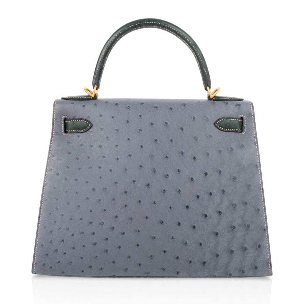 👜Kelly Sellier 28 HSS Bag Gris Agate / Vert Titien Ostrich Gold Hardware