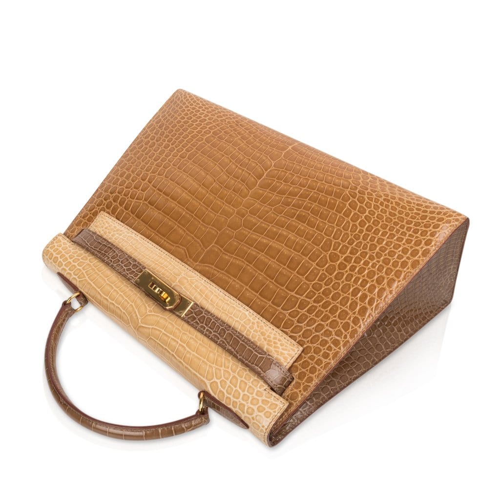 👜Limited Edition Tri-Color Kelly Sellier 32 Bag  Poussiere Poudre Ficelle Porosus Crocodile