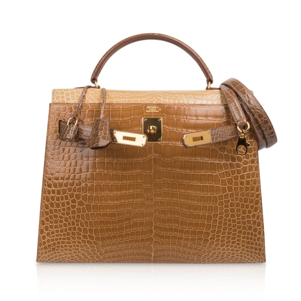 👜Limited Edition Tri-Color Kelly Sellier 32 Bag  Poussiere Poudre Ficelle Porosus Crocodile
