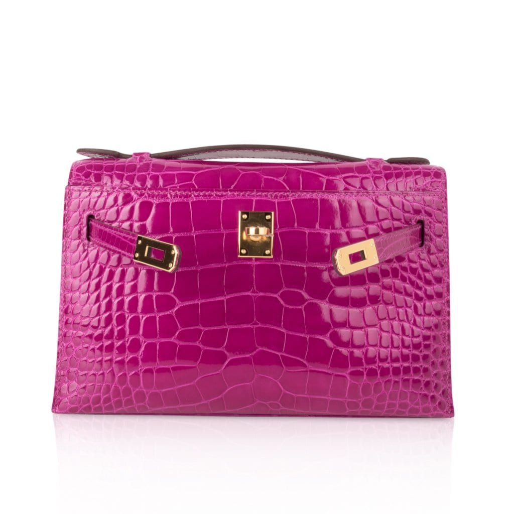 👜Kelly Pochette Clutch Bag Rose Scheherazade Pink Alligator Gold Hardware