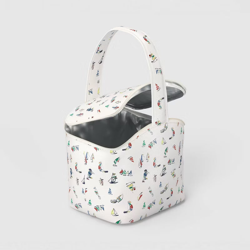 Sailboat-print insulated zippered tote bag