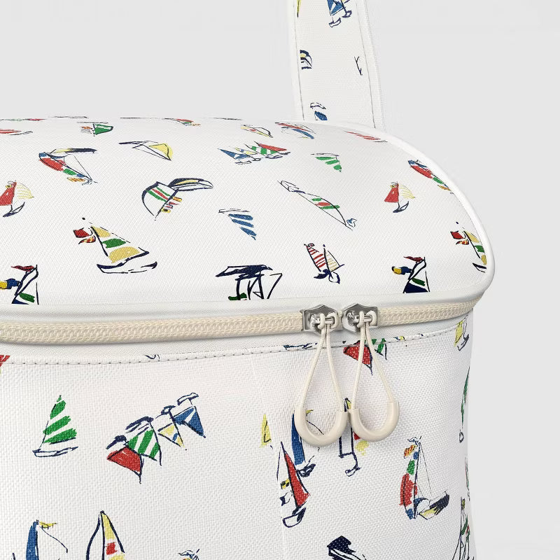 Sailboat-print insulated zippered tote bag