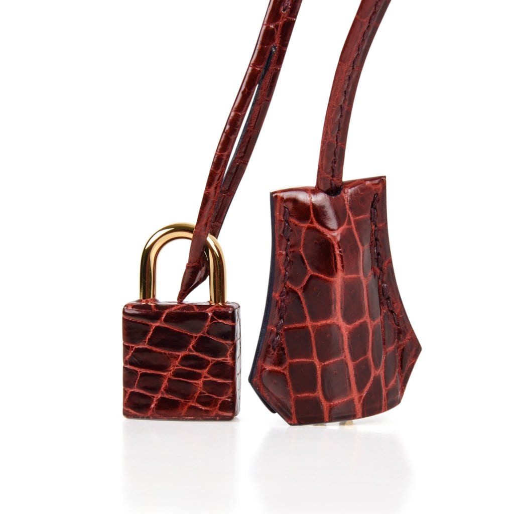 👜Kelly 28 Bag Sellier Bourgogne Red Navy Contour Crocodile Gold Hardware