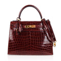 👜Kelly 28 Bag Sellier Bourgogne Red Navy Contour Crocodile Gold Hardware