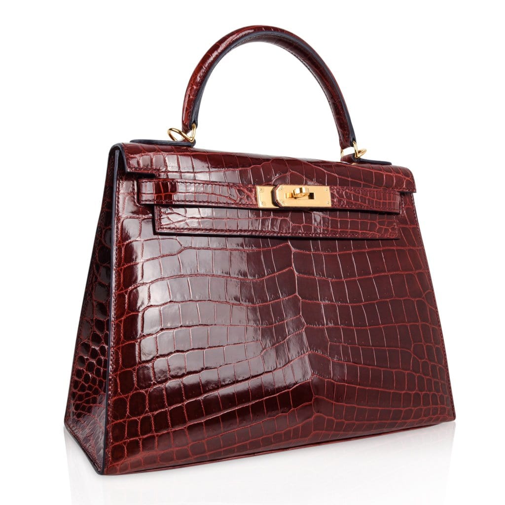 👜Kelly 28 Bag Sellier Bourgogne Red Navy Contour Crocodile Gold Hardware