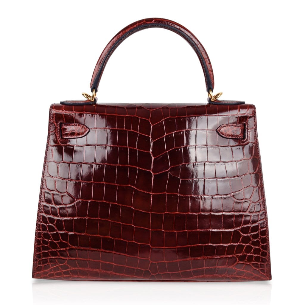 👜Kelly 28 Bag Sellier Bourgogne Red Navy Contour Crocodile Gold Hardware