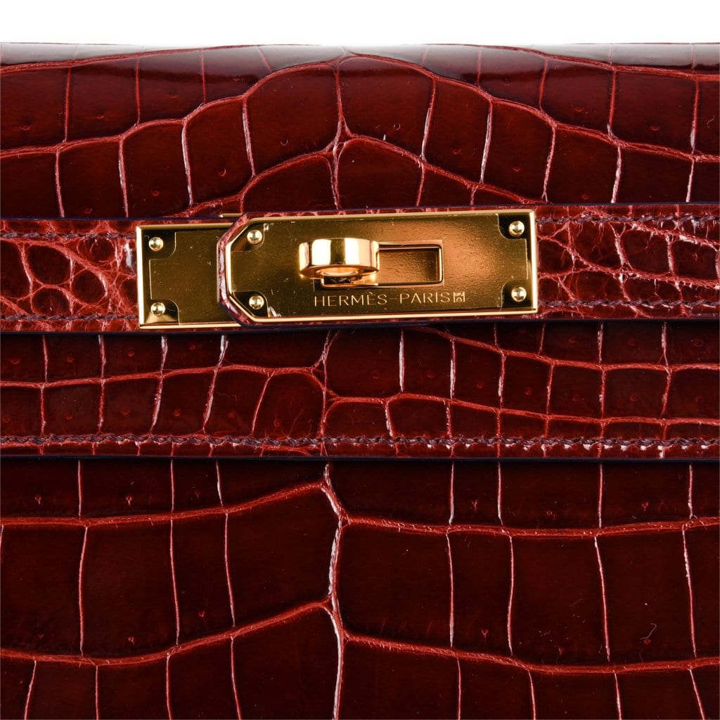 👜Kelly 28 Bag Sellier Bourgogne Red Navy Contour Crocodile Gold Hardware