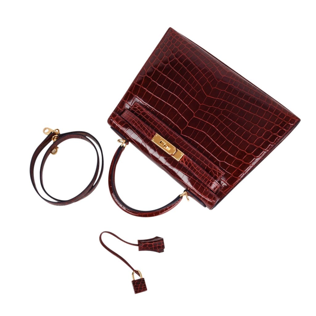 👜Kelly 28 Bag Sellier Bourgogne Red Navy Contour Crocodile Gold Hardware