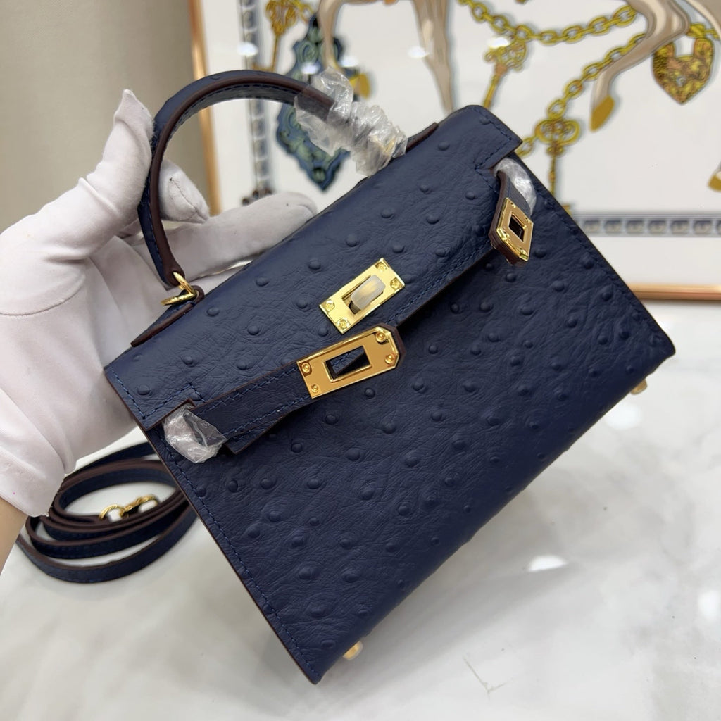 Mini Kelly Sellier 19cm Bleu Nuit Ostrich Leather Gold Hardware Women Mini Handbag