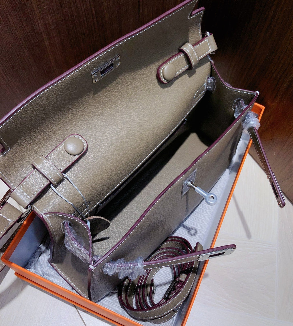 Kelly Elan 25 Underarm Baguette Bag, Genuine Top Layer Cowhide Goat Grain Leather, Silver Hardware Khaki Shoulder Handbag, Timeless Neutral Must-have Bag Elegant Versatile Daily Purse Size 25×6.5×15cm