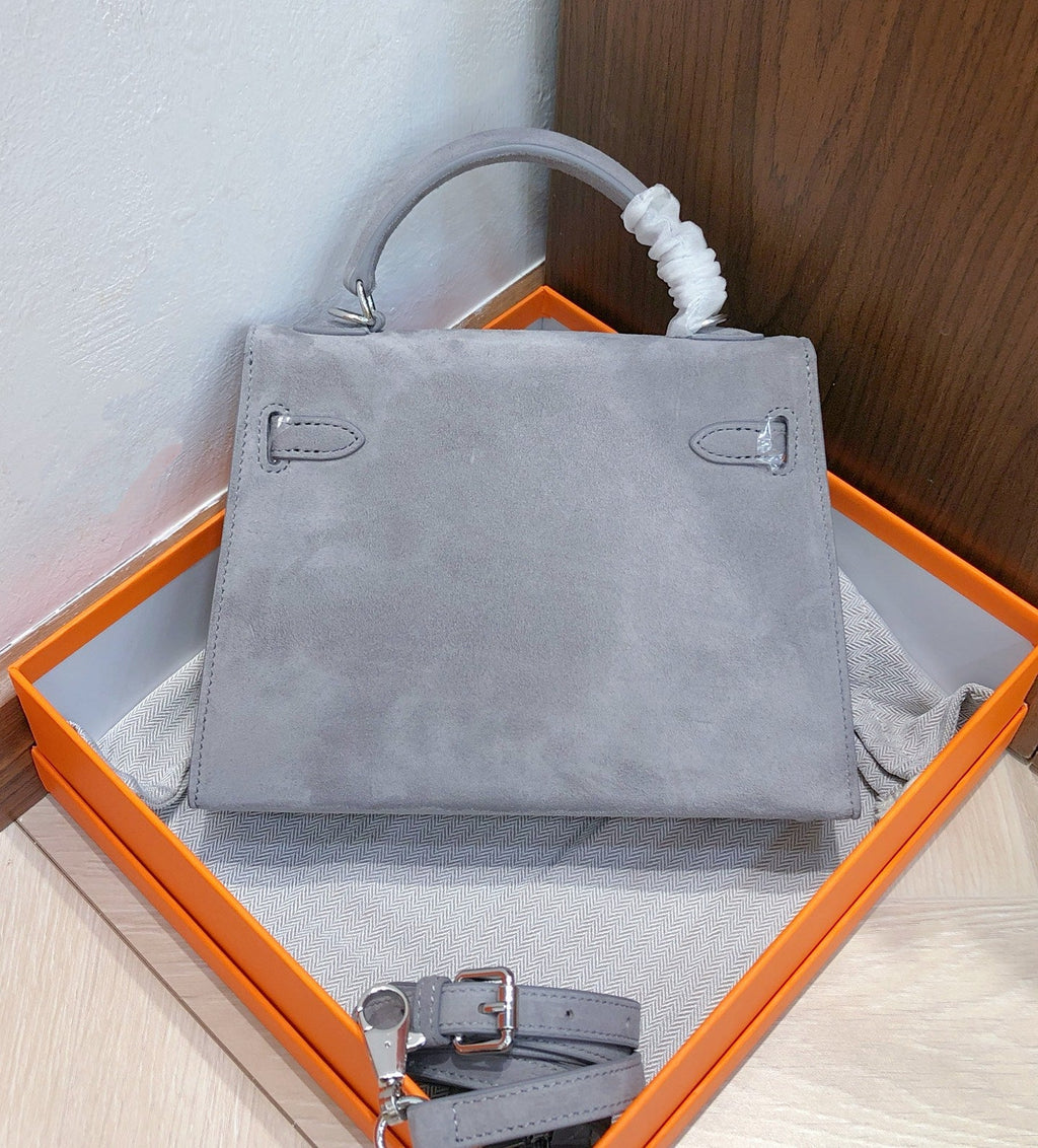 Kelly Sellier 22cm Gris Asphalte Suede Leather Palladium Hardware Women Handbag