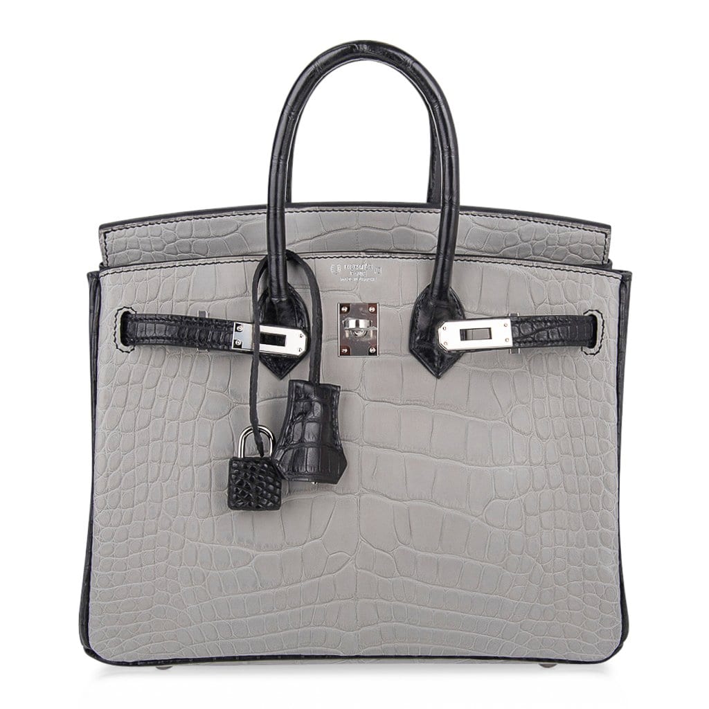 👜Birkin 25 HSS Bag Gris Perle / Black Matte Alligator Palladium Hardware