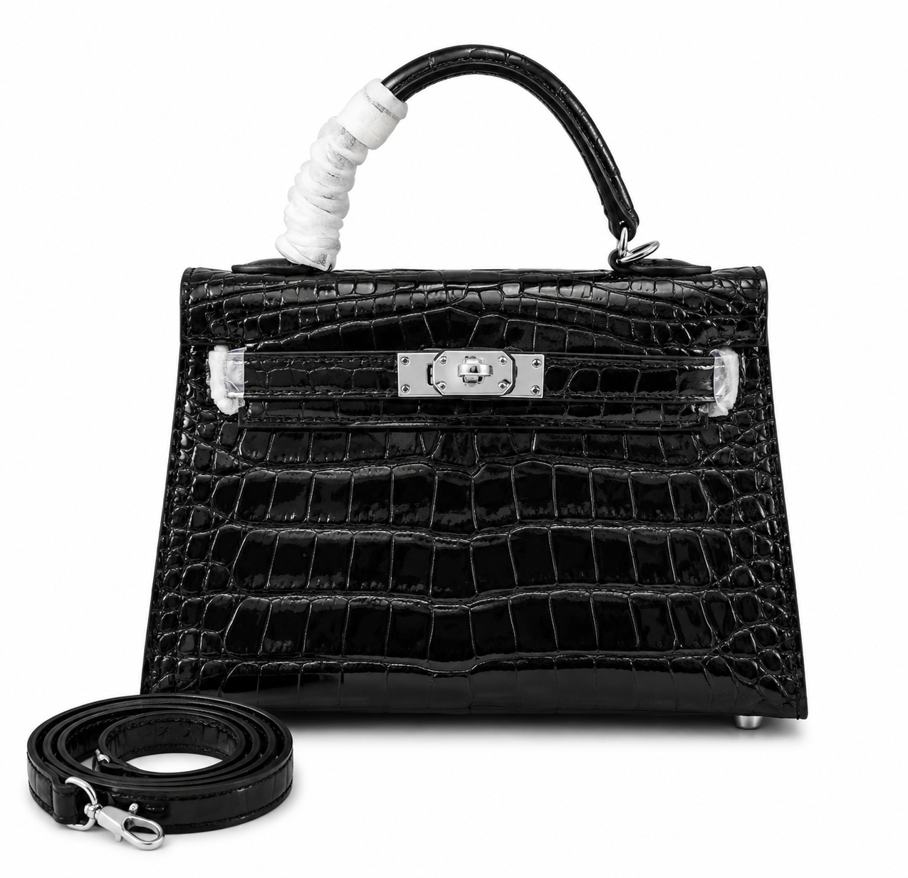 Kelly Sellier 19cm Noir Shiny Crocodile Leather Gold Hardware & Palladium Hardware Women Handbag