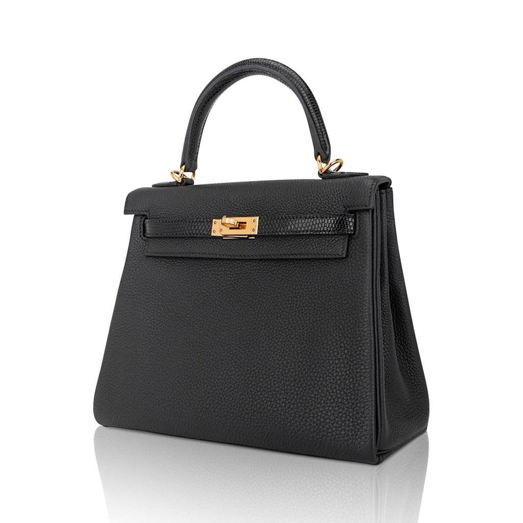 👜Kelly Touch 25 Retourne Bag Black Lizard Togo Leather Gold Hardware