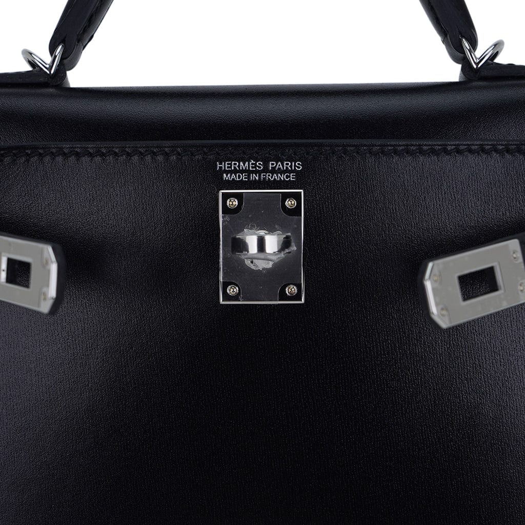 👜Kelly 20 Sellier Black Box Leather Mini Bag Palladium Hardware