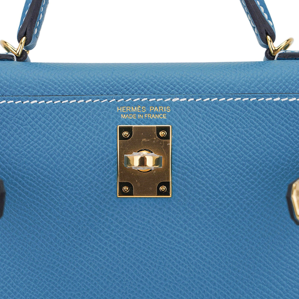 👜Mini Kelly 20 Bag Sellier New Blue Jean Epsom Leather with Gold Hardware