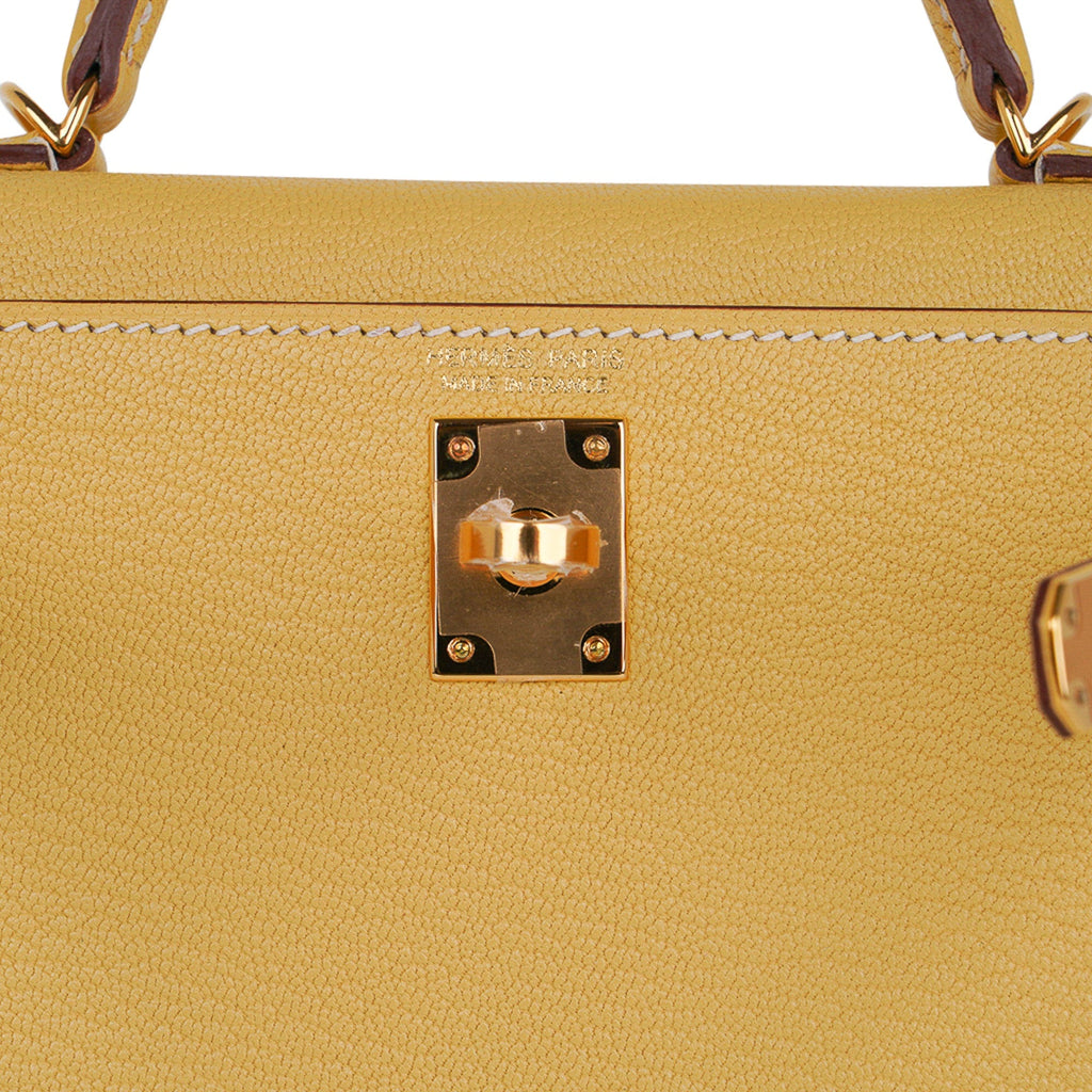 👜Mini Kelly 20 Sellier Jaune Foin Bag Chevre Gold