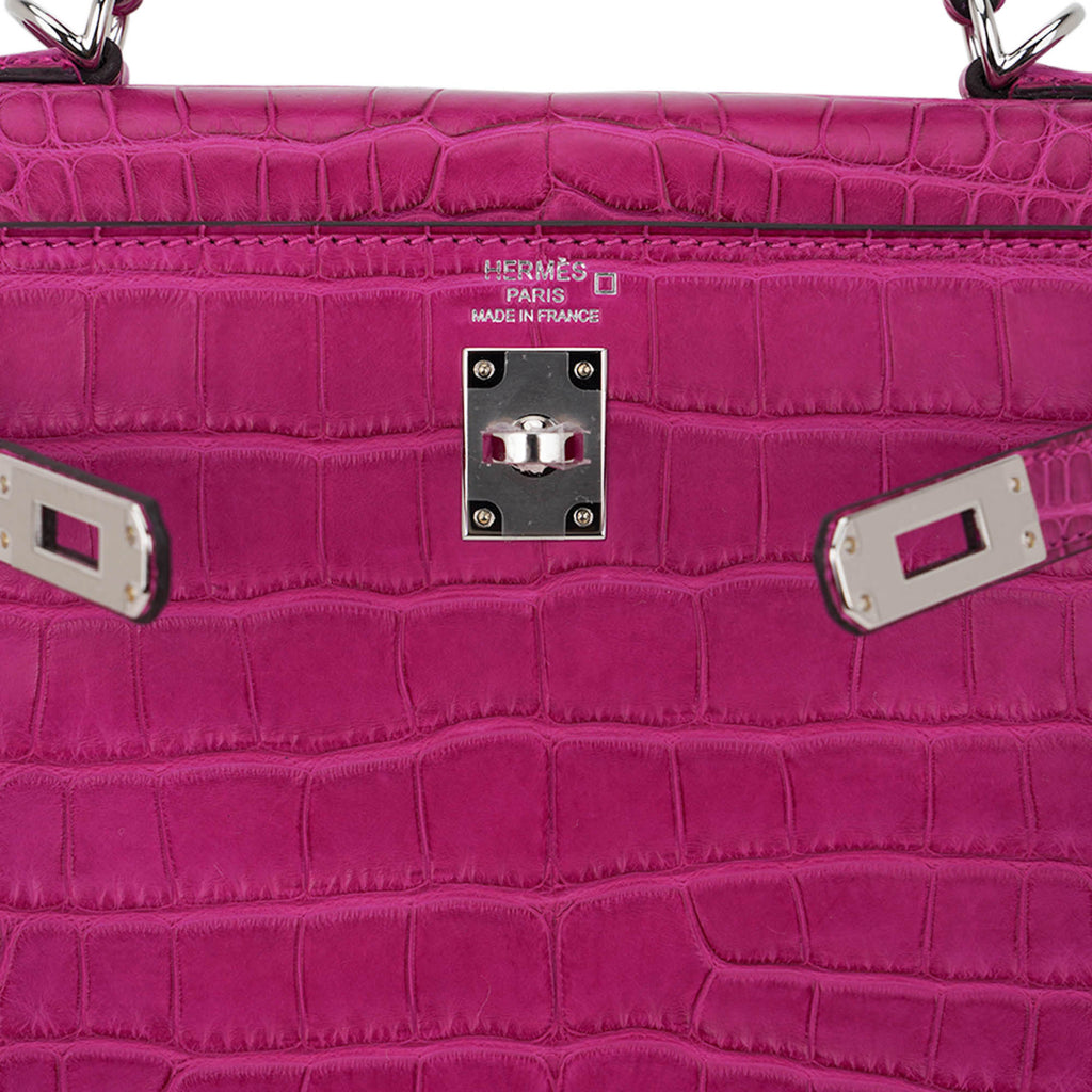 👜Kelly 25 Retourne Bag Rose Scheherazade Matte Alligator with Palladium Hardware