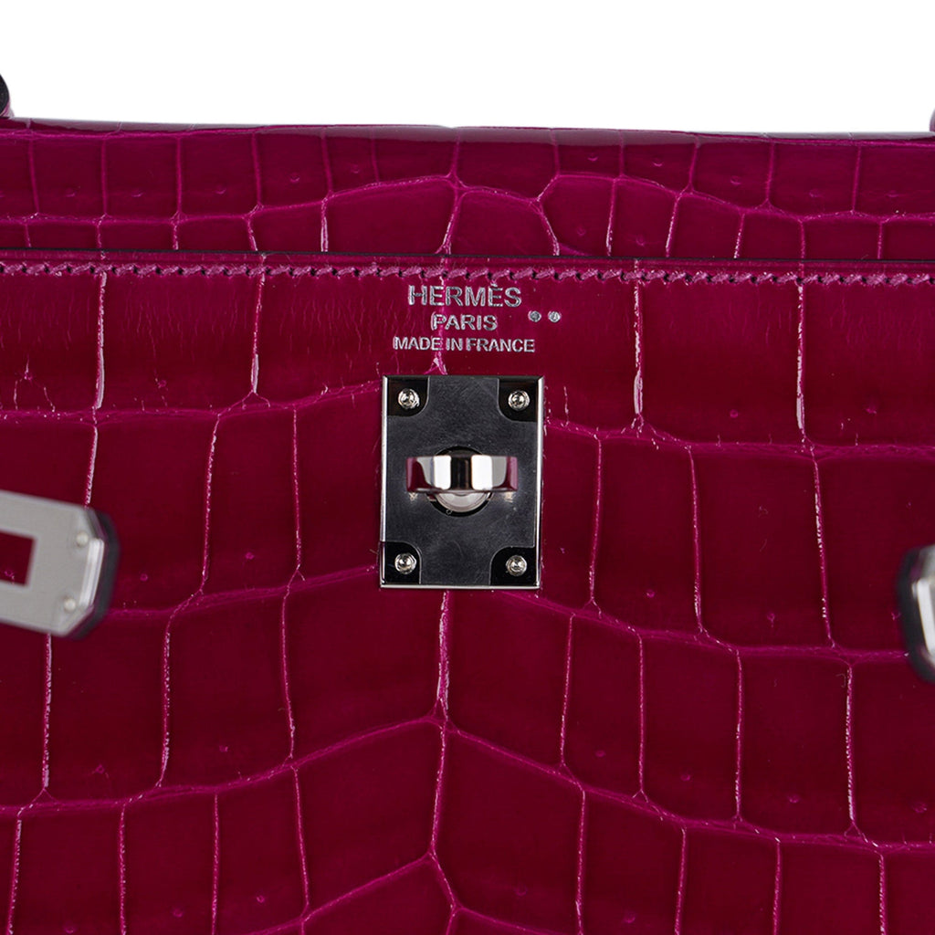 👜Kelly 25 Sellier Bag Rose Pourpre Crocodile with Palladium Hardware