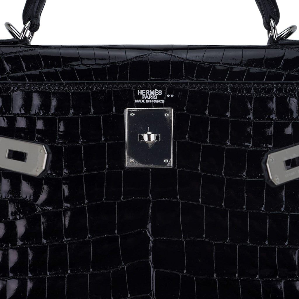 👜Kelly 32 Sellier Bag Black Crocodile with Palladium Hardware