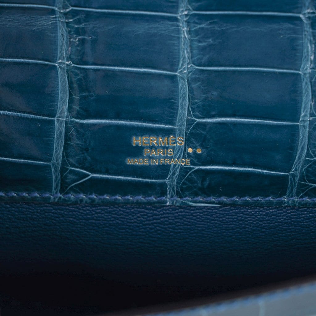 👜Kelly Cut Bag Blue Colvert Crocodile with Gold Hardware
