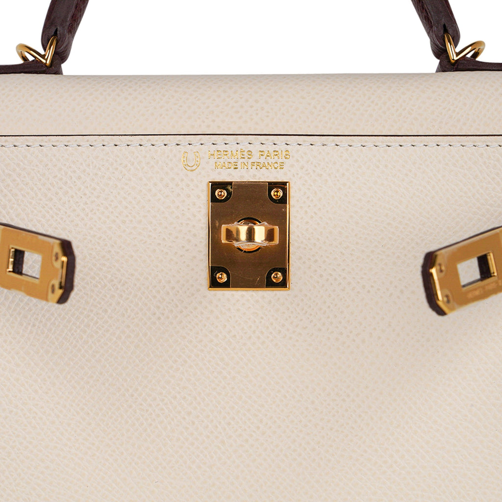 👜Special Order HSS Mini Kelly 20 Sellier Bag Nata & Bordeaux Epsom Leather with Gold Hardware