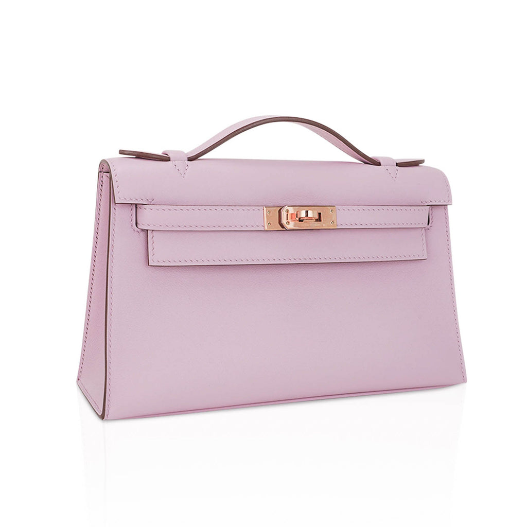👜Kelly Pochette Clutch Bag Mauve Sylvestre Swift Leather with Rose Gold Hardware