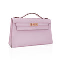 👜Kelly Pochette Clutch Bag Mauve Sylvestre Swift Leather with Rose Gold Hardware