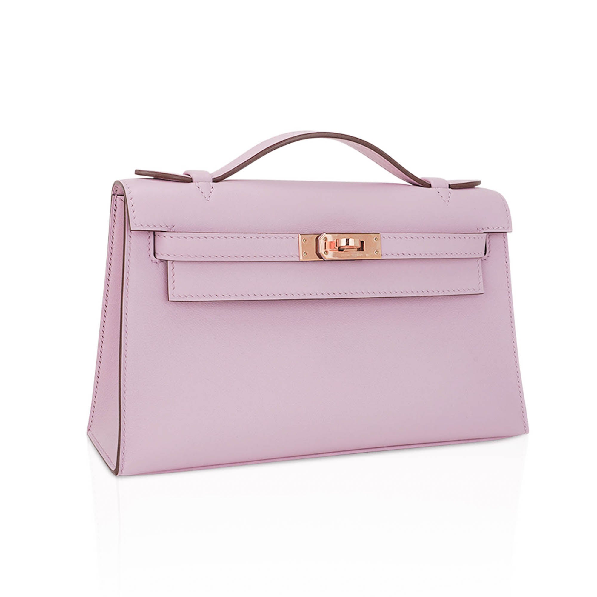 👜Kelly Pochette Clutch Bag Mauve Sylvestre Swift Leather with Rose Gold Hardware