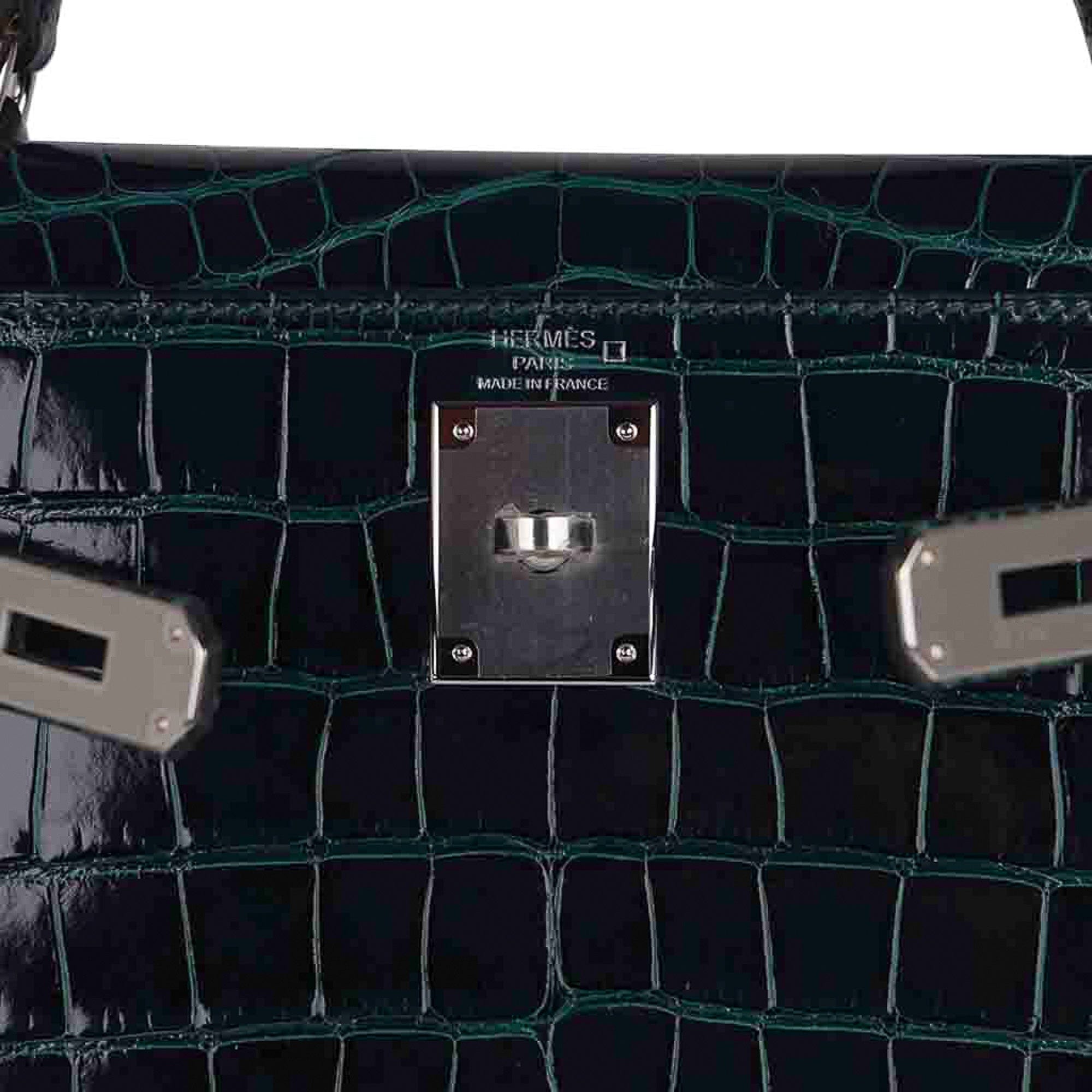 👜Kelly 28 Sellier Verso Vert Cypress / Vert Jade Bag Alligator Palladium Hardware