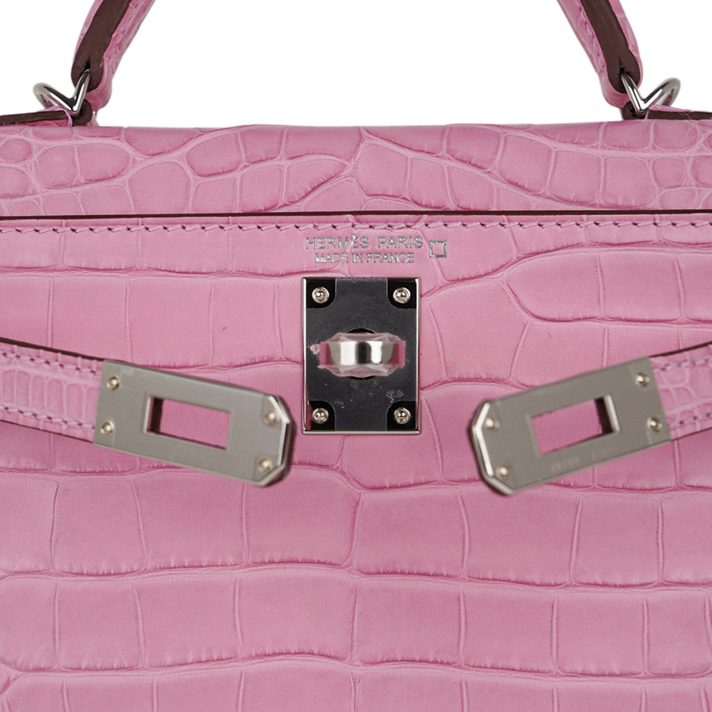 👜Kelly 20 Mini Sellier Bag 5P Pink Matte Alligator Palladium Limited Edition