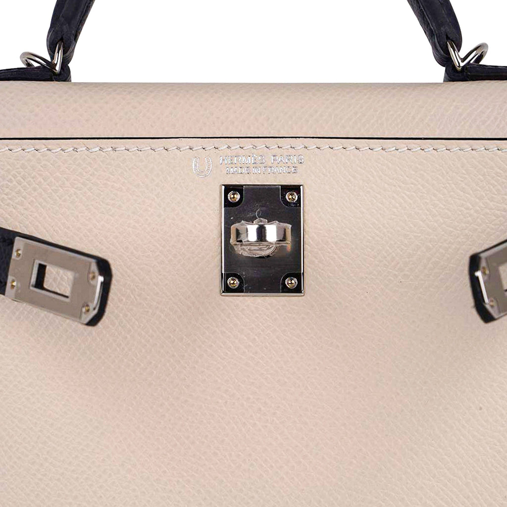 👜Special Order HSS Mini Kelly 20 Bag Sellier Craie & Blue Indigo Epsom Leather with Palladium Hardware