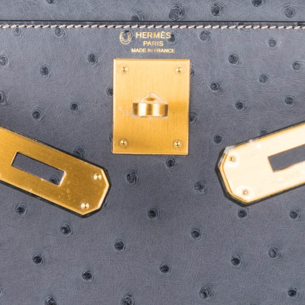 👜Kelly Sellier 28 HSS Bag Gris Agate / Vert Titien Ostrich Gold Hardware