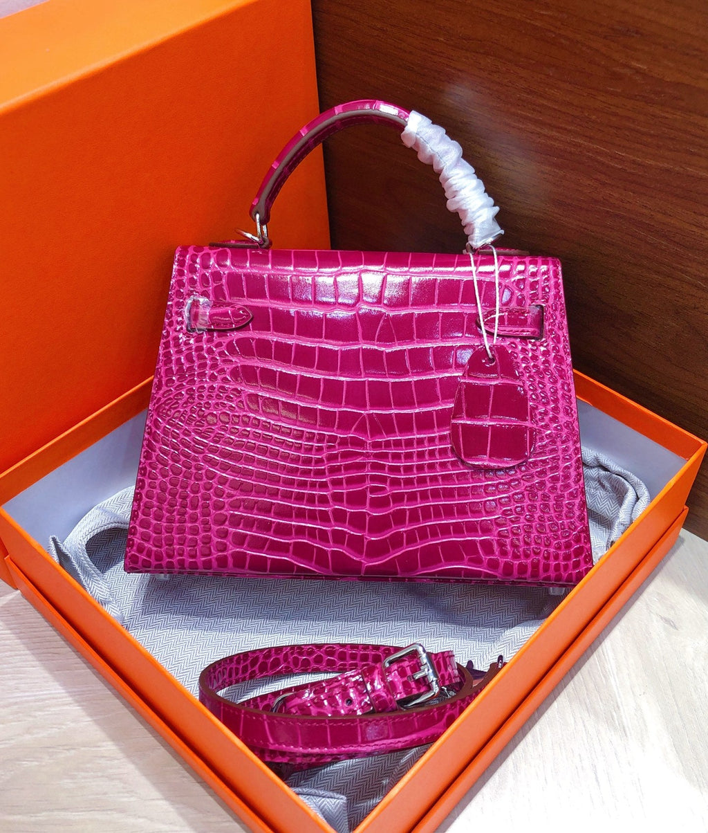 Kelly Sellier 22cm Fuchsia Shiny Crocodile Leather Gold Hardware & Palladium Hardware Women Handbag