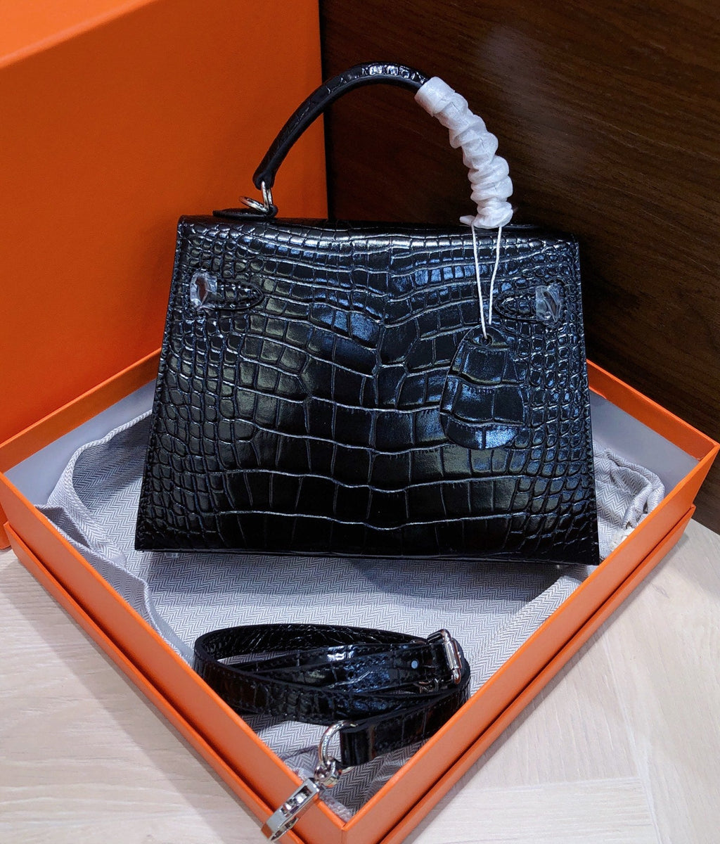 Kelly Sellier 22cm Noir Shiny Crocodile Leather Gold Hardware & Palladium Hardware Women Handbag