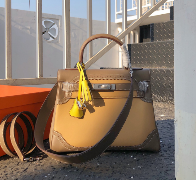 Kelly Sellier Ghillies 28cm Beige Poussière & Marron Foncé Barenia Leather Palladium Hardware Women Handbag