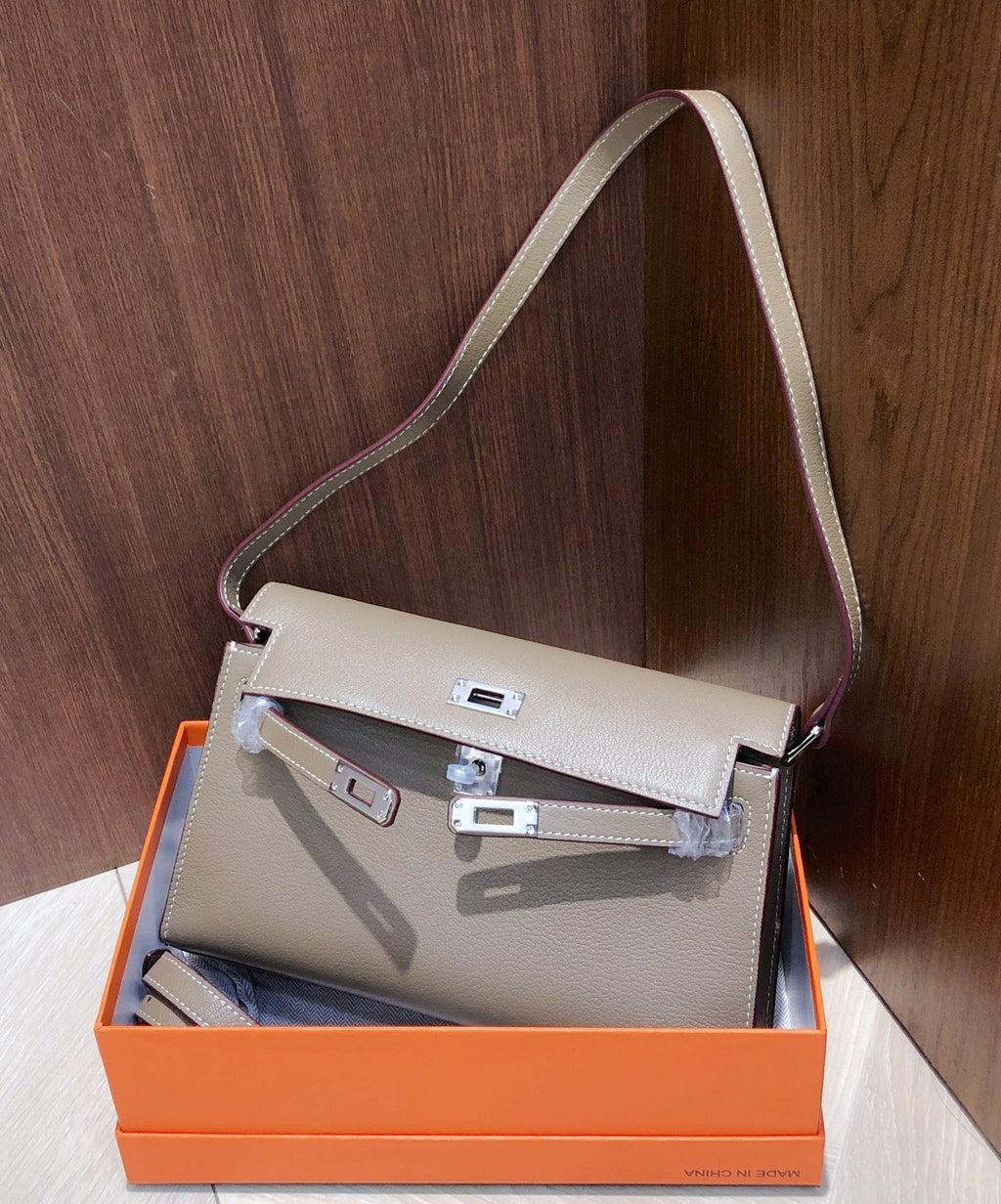 Kelly Elan 25 Underarm Baguette Bag, Genuine Top Layer Cowhide Goat Grain Leather, Silver Hardware Khaki Shoulder Handbag, Timeless Neutral Must-have Bag Elegant Versatile Daily Purse Size 25×6.5×15cm