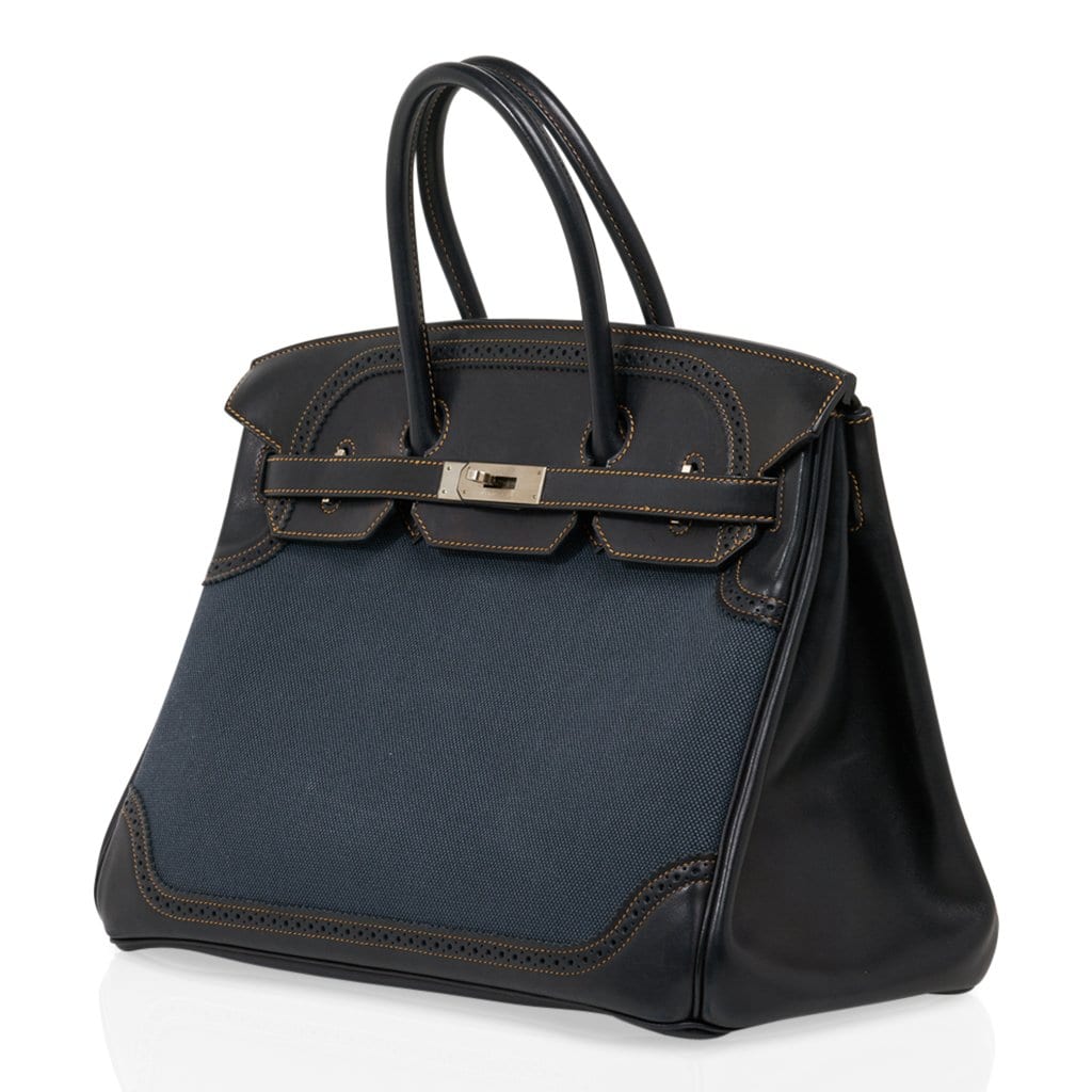 👜Birkin 35 Ghillies Denim Fonce Toile / Black Evercalf Bag Limited Edition