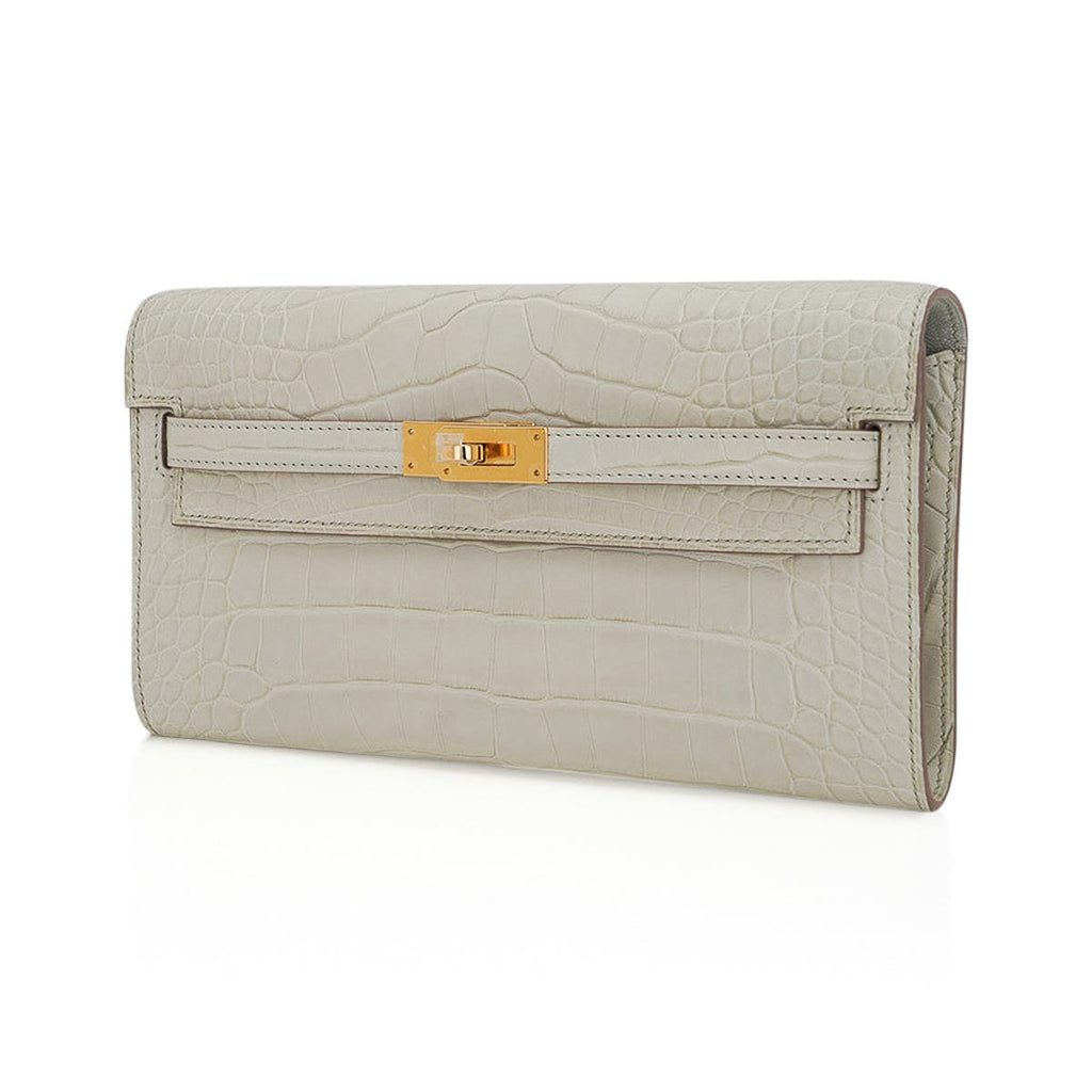 👜Kelly Classique To Go Wallet Beton Matte Alligator Gold Hardware