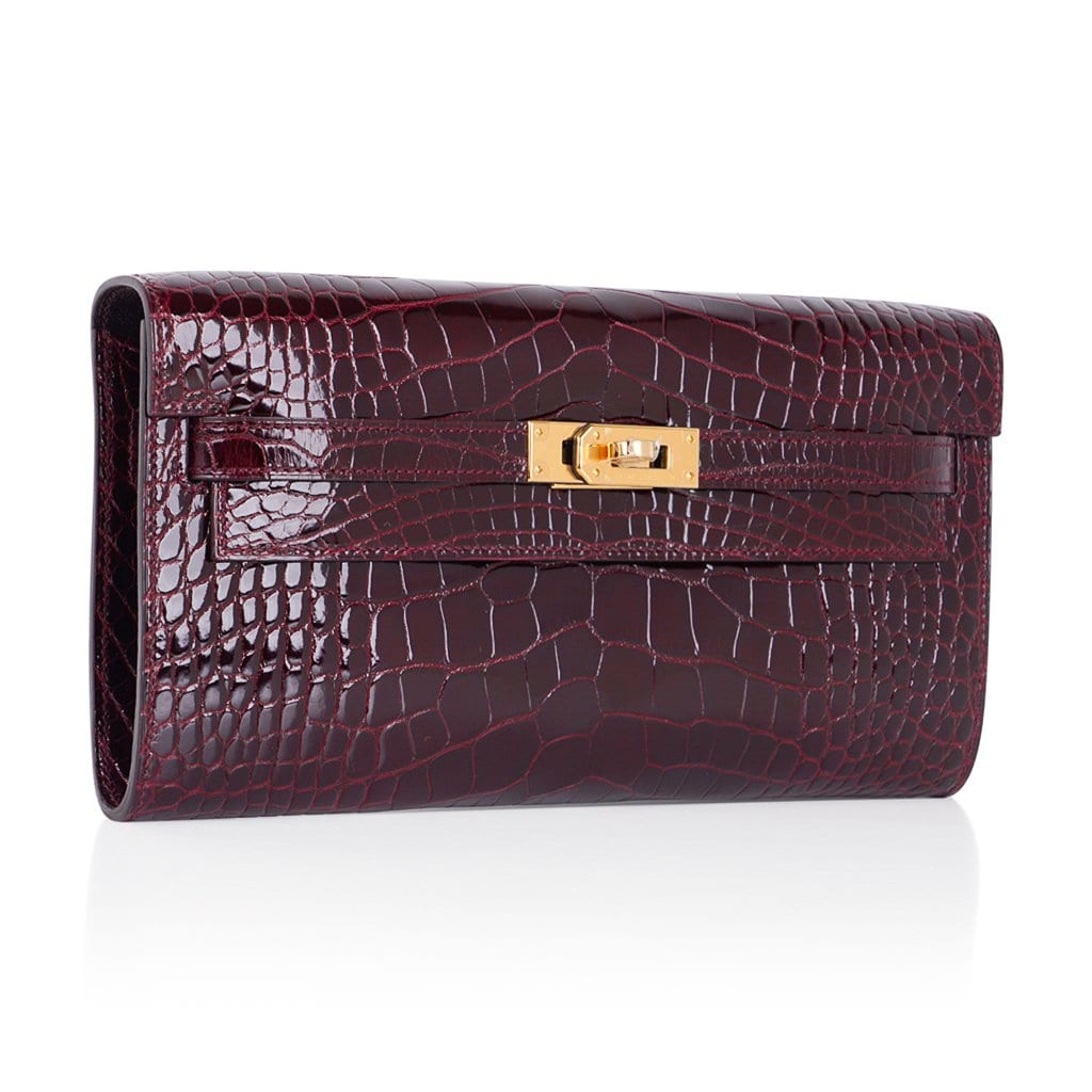 👜Kelly Classique To Go Wallet Bordeaux Alligator Gold Hardware New w/Box